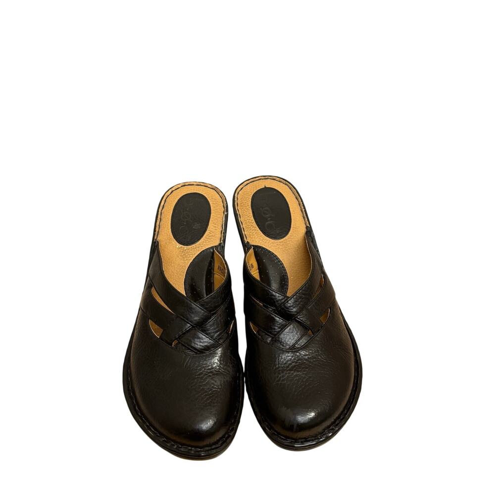 BOC Born Concept black leather slides slipon heeled crisscross shoes sz9